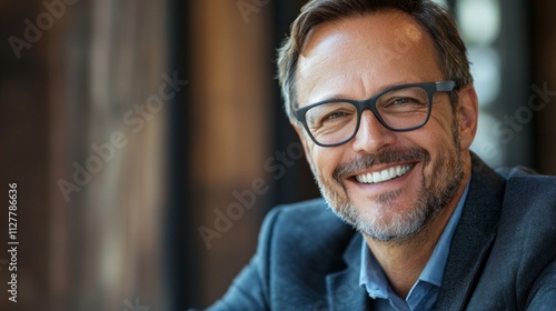 A happy middle-aged banker with glasses sits comfortably at a desk, smiling widely against a backdrop of sleek wooden panels. The atmosphere exudes positivity and success