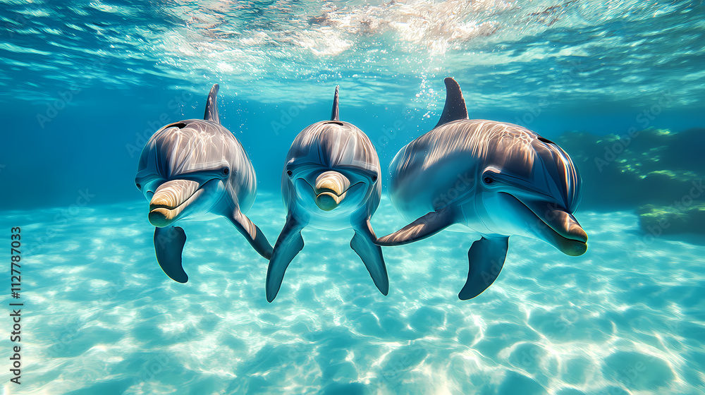 Obraz premium Four playful dolphins swimming together, showcasing their grace and intelligence in a vibrant underwater scene, white background. Ebullience. Illustration