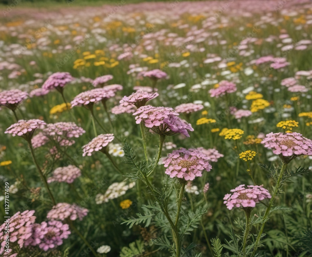 Achillea millefolium in a field with other flowers, milfoil, wildflowers, daisy Achillea millefolium in a field with other flowers, milfoil, wildflowers, daisy