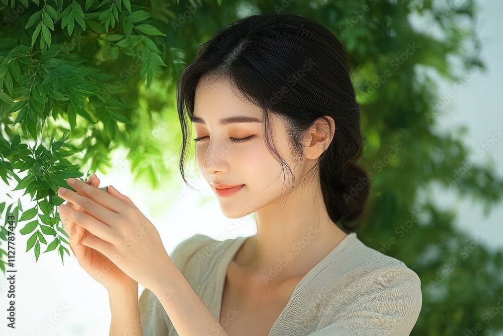 Woman in Natural Light with Delicate Textures and Lush Foliage Woman in Natural Light with Delicate Textures and Lush Foliage