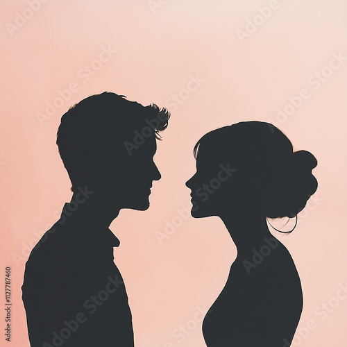 Minimalist approach, silhouette of a couple facing each other while singing, soft pastel background with clean lines and gentle tones creating an intimate and modern mood