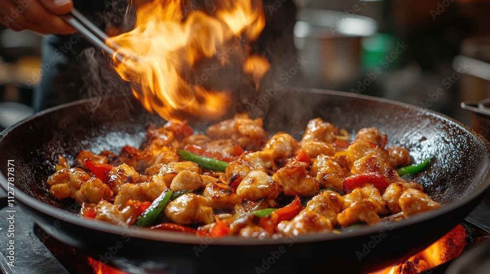 A sizzling stir-fry with chicken and vegetables, showcasing culinary skill and vibrant colors. A sizzling stir-fry with chicken and vegetables, showcasing culinary skill and vibrant colors.