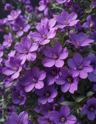 a cluster of vibrant purple flowers with delicate petals and leaves, botanicals, garden flowers