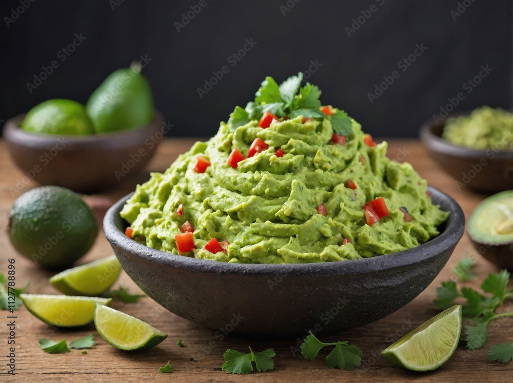 A close-up of a small mound of fresh guacamole placed on a smooth, light wooden surface. A close-up of a small mound of fresh guacamole placed on a smooth, light wooden surface.