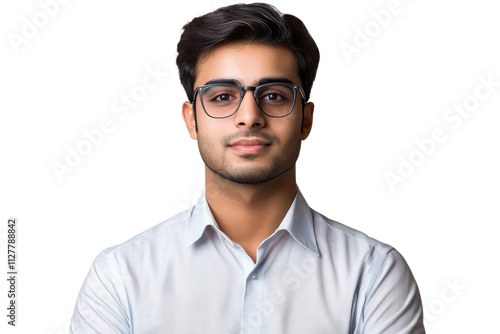 Handsome young Pakistani man with eyeglasses and shirt isolated on transparent background