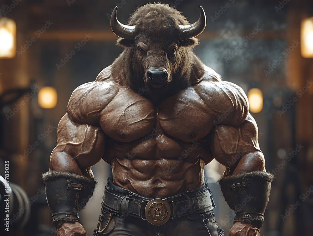 Powerful Muscular Bull Bodybuilder in Gym Setting: A Mythical Creature of Strength and Fitness Powerful Muscular Bull Bodybuilder in Gym Setting: A Mythical Creature of Strength and Fitness