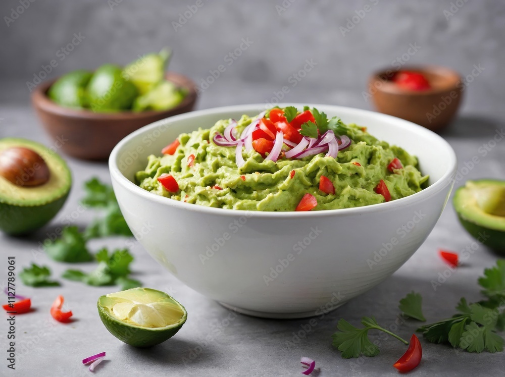 A small white ceramic bowl filled with smooth, vibrant green guacamole. A small white ceramic bowl filled with smooth, vibrant green guacamole.