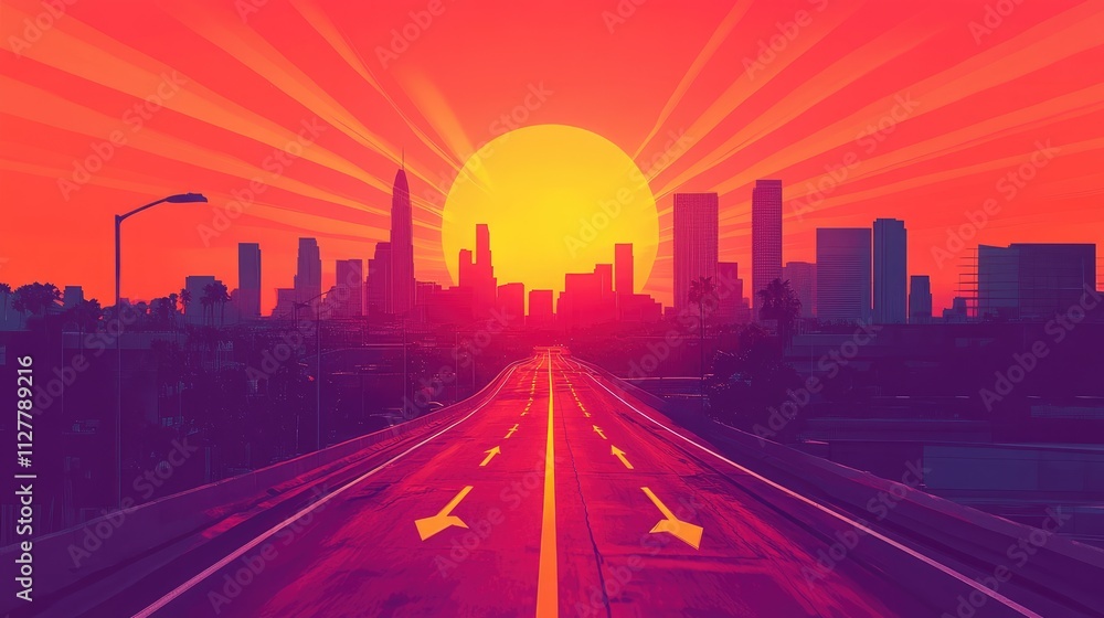 Fototapeta premium A 2025 road sign with arrows leading forward through a sunset, representing a journey towards business success, growth, and future planning.