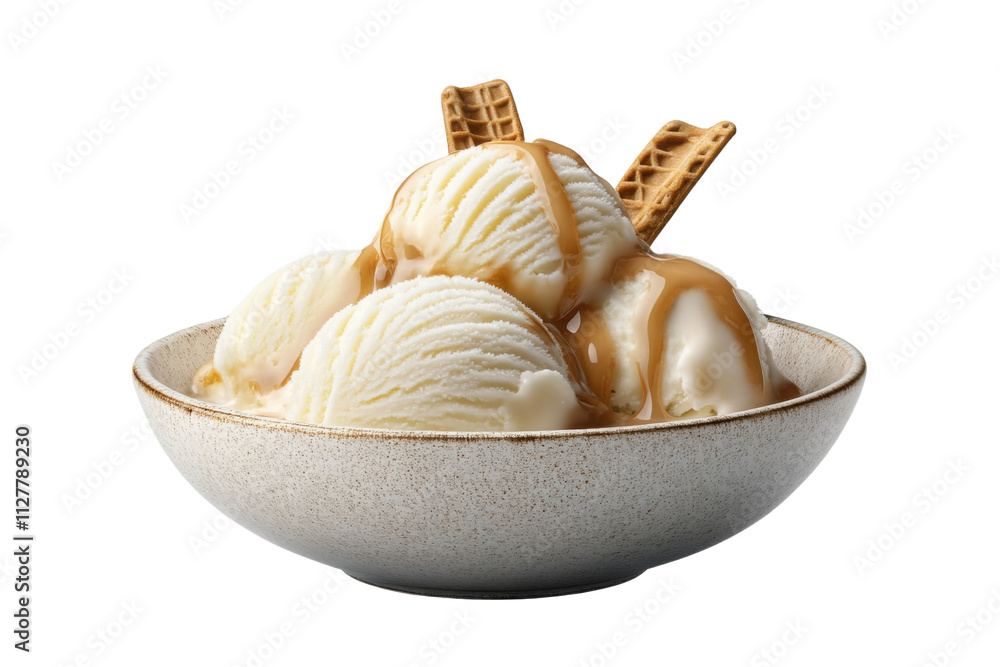 Creamy vanilla ice cream scoops in a bowl isolated on transparent ...