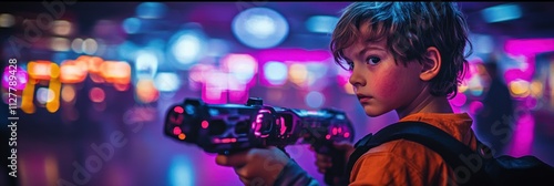 Laser Tag Arcade Adventure Featuring Child with Laser Gun in Neon Cyberpunk World photo