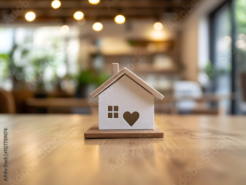 A decorative miniature house with a heart symbol, placed on a wooden table in a cozy interior.