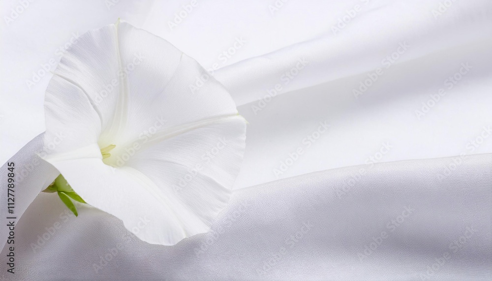 Obraz premium White Morning Glory Flower on a Draped Soft White Silk Fabric