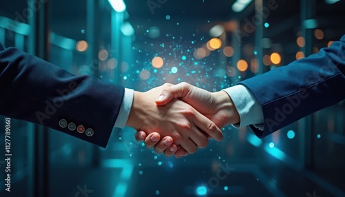 Business people shake hands tech growth, collaboration in modern office environment. Digital particles illustrate data flow, partnership. Image suitable for tech companies, business development, photo