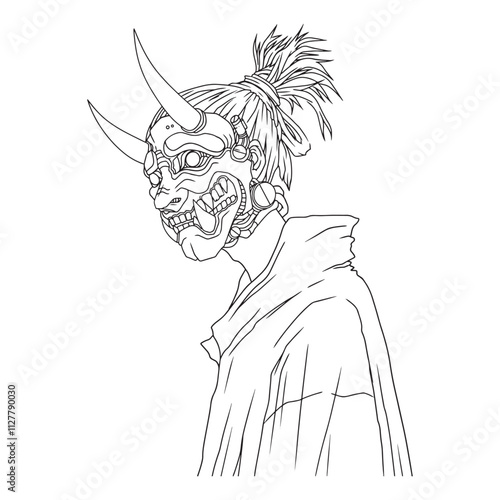 Illustration of an original character with japanese style. A man wearing demon mask. Used for coloring book