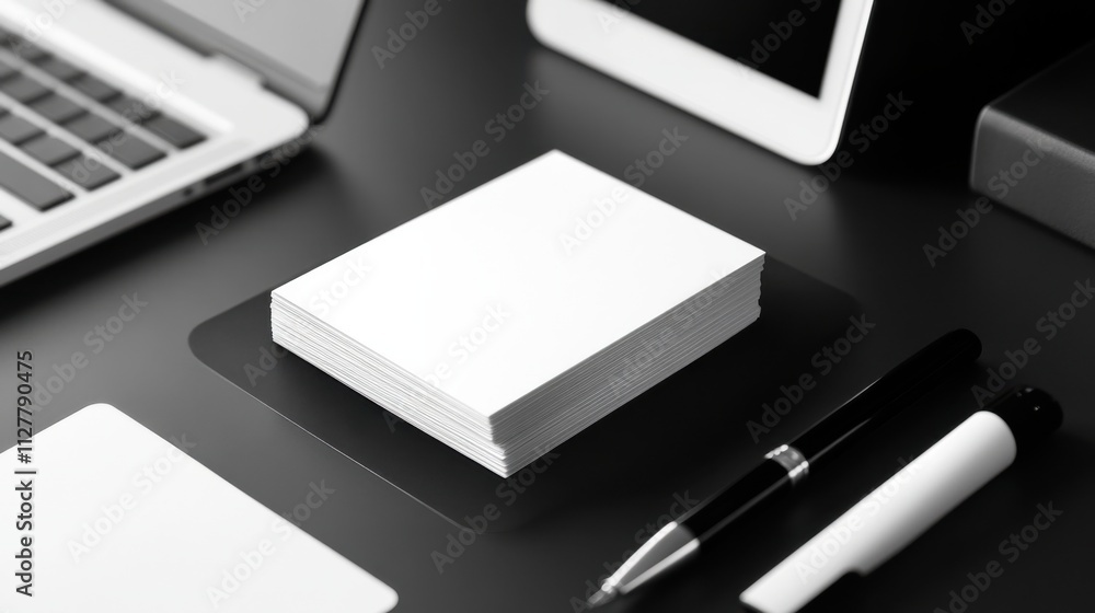 Business cards stacked elegantly on a desk, next to branded pens and a laptop Business cards stacked elegantly on a desk, next to branded pens and a laptop