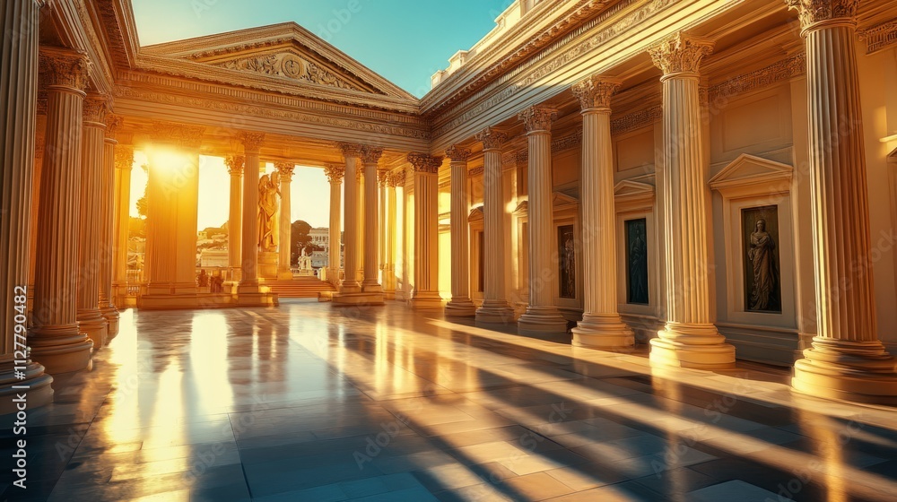 Obraz premium Golden sunlit classical colonnade, statues.