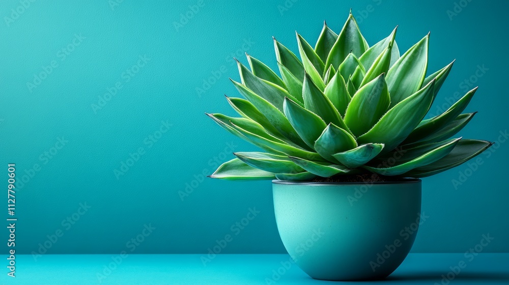 Lush green agave plant in teal pot against teal background. Lush green agave plant in teal pot against teal background.