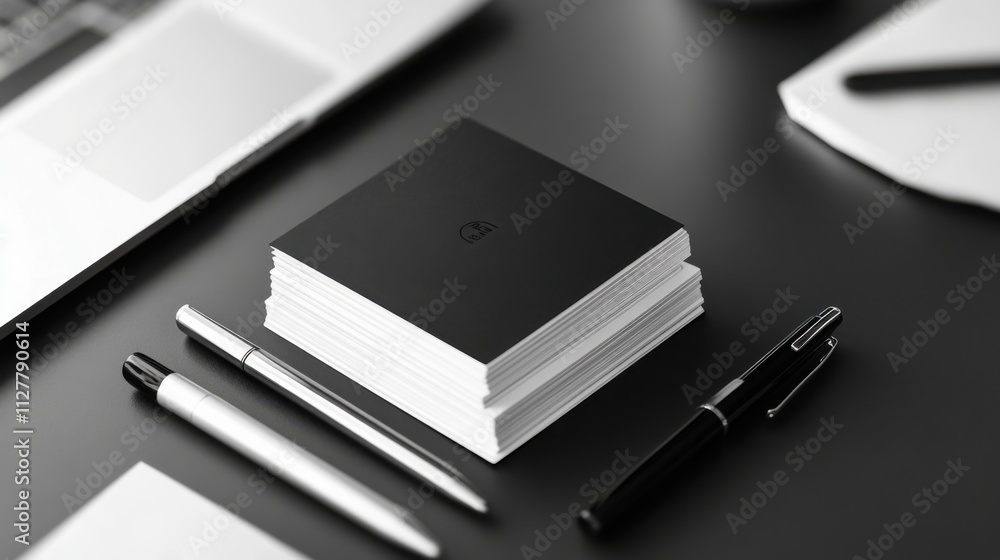 Business cards stacked elegantly on a desk, next to branded pens and a laptop Business cards stacked elegantly on a desk, next to branded pens and a laptop