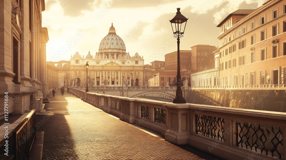 Obraz premium Roman cityscape, St. Peter's Basilica, sunlit bridge.