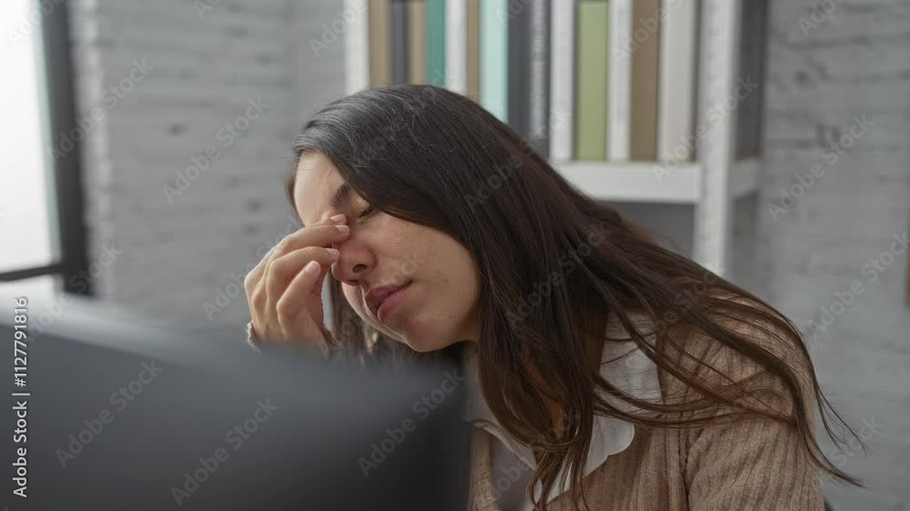 Woman in office appearing tired while rubbing nose in stress, surrounded by books, showcasing a hectic work environment indoors with a determined expression. Woman in office appearing tired while rubbing nose in stress, surrounded by books, showcasing a hectic work environment indoors with a determined expression.