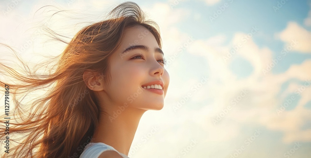 Beautiful Asian Woman with Flowing Hair in Soft Daylight Outdoor Portrait Beautiful Asian Woman with Flowing Hair in Soft Daylight Outdoor Portrait