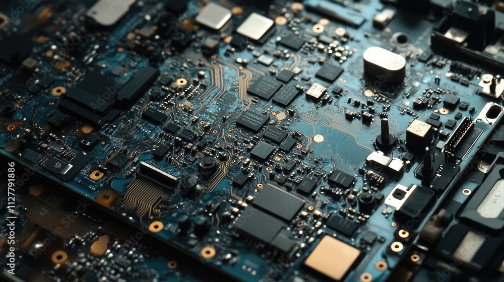 A detailed shot of a disassembled mobile phone with visible electronic chips and circuit boards, highlighting the importance of technology maintenance and repairs. A detailed shot of a disassembled mobile phone with visible electronic chips and circuit boards, highlighting the importance of technology maintenance and repairs.