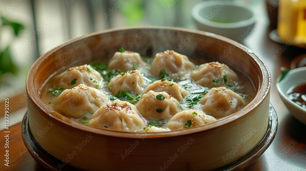 A wooden bowl filled with cooked dumplings garnished with chopped chives, placed on a white napkin A wooden bowl filled with cooked dumplings garnished with chopped chives, placed on a white napkin
