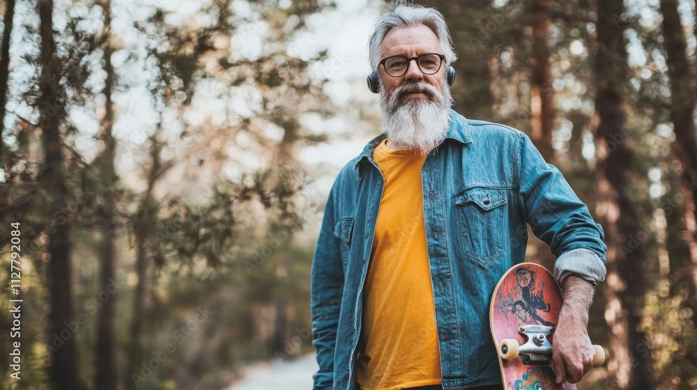 In a tranquil forest, an active, cool bearded man embraces his hipster style with a skateboard in hand. The golden hour casts warm light, enhancing his vintage denim and vibrant shirt In a tranquil forest, an active, cool bearded man embraces his hipster style with a skateboard in hand. The golden hour casts warm light, enhancing his vintage denim and vibrant shirt