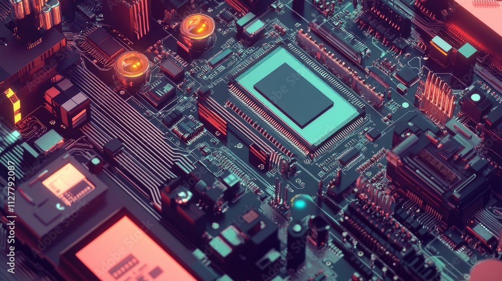 A detailed shot of a microchip surrounded by electronic components, representing the latest developments in semiconductor technology for the tech industry. A detailed shot of a microchip surrounded by electronic components, representing the latest developments in semiconductor technology for the tech industry.