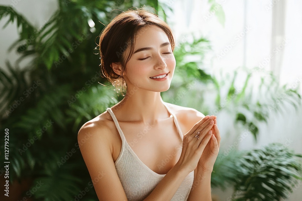 Woman in Sleeveless Top Surrounded by Green Plants Natural Light Indoor Serenity Woman in Sleeveless Top Surrounded by Green Plants Natural Light Indoor Serenity