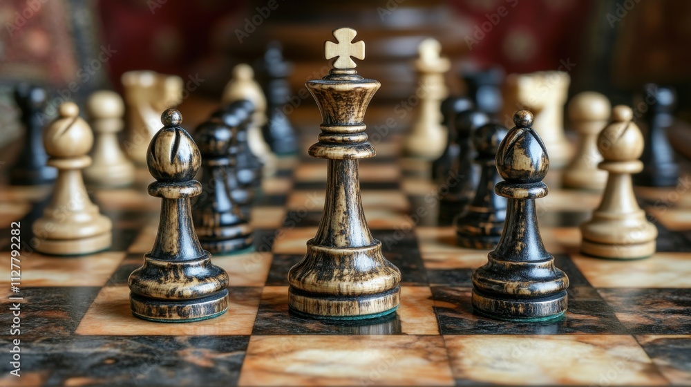 Business strategy planning with chess pieces on a gameboard and team collaboration in focus Business strategy planning with chess pieces on a gameboard and team collaboration in focus