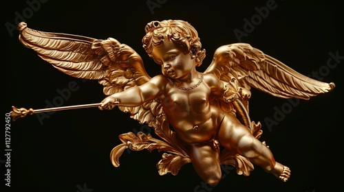 Gilded cherubic angel figurine with wings, holding a staff, against a black background.