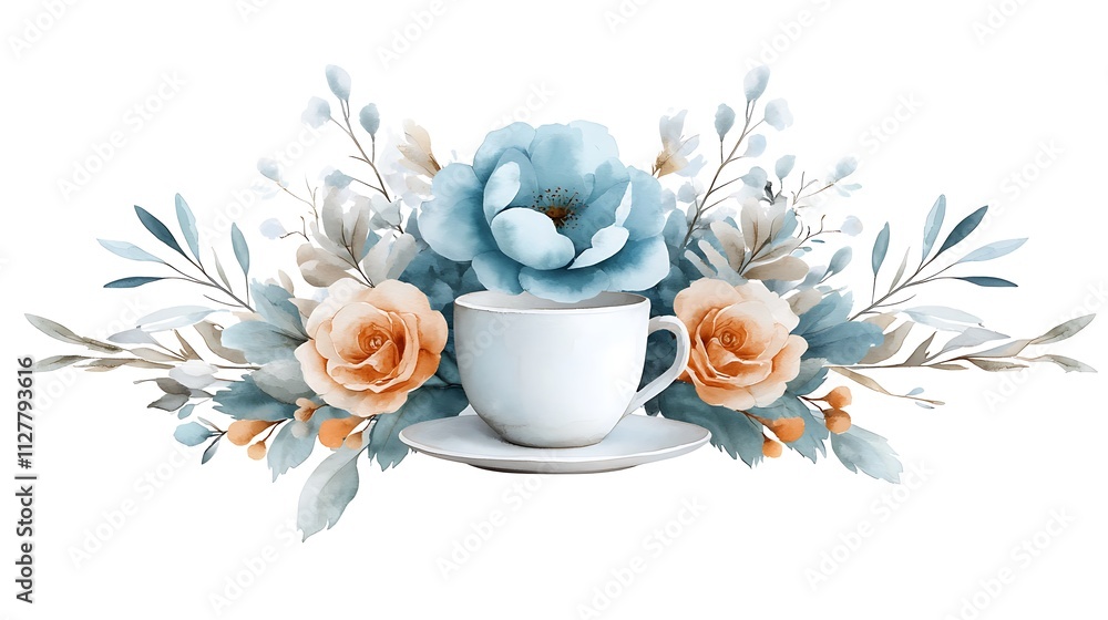 Top view of floral coffee cup aesthetic digital design capturing nature's serene beauty Top view of floral coffee cup aesthetic digital design capturing nature's serene beauty