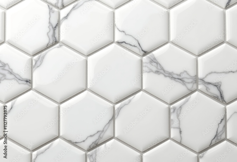 Fototapeta premium Stunning Geometric Hexagonal Tile Patterns: White and Grey Marble-Like Textures Perfect for Upscale Bathroom Interiors