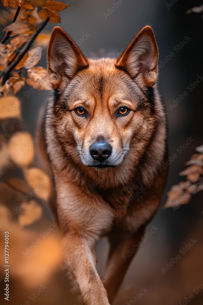 Majestic Brown Dog Walking Through Autumn Leaves in Soft Focus Majestic Brown Dog Walking Through Autumn Leaves in Soft Focus