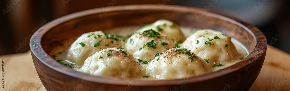 A wooden bowl filled with cooked dumplings garnished with chopped chives, placed on a white napkin A wooden bowl filled with cooked dumplings garnished with chopped chives, placed on a white napkin