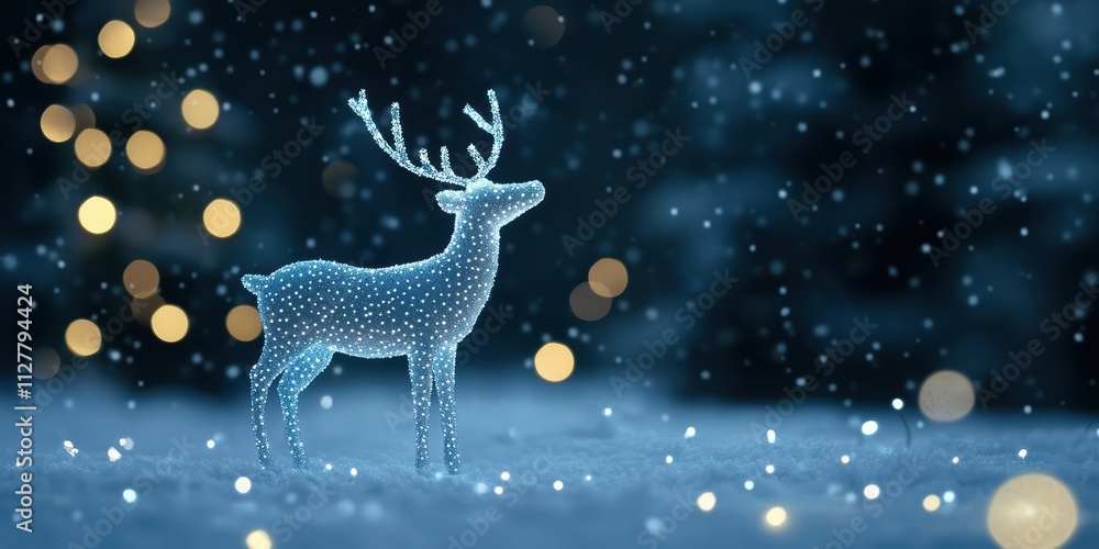 Illuminated Reindeer Figurine in Snow with Glowing Background Lights Illuminated Reindeer Figurine in Snow with Glowing Background Lights