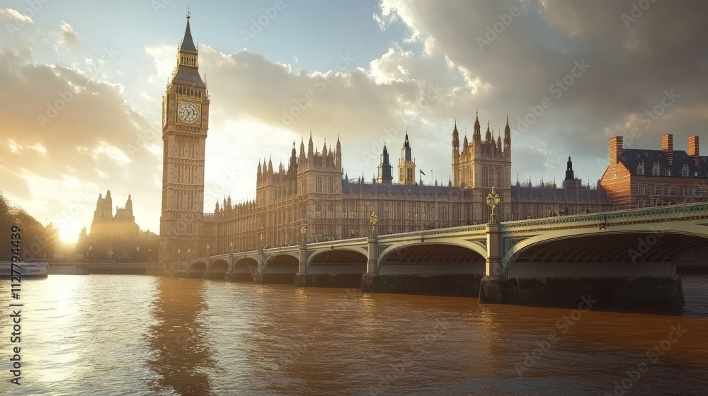 Naklejka premium London sunset, Big Ben, Houses of Parliament, bridge.