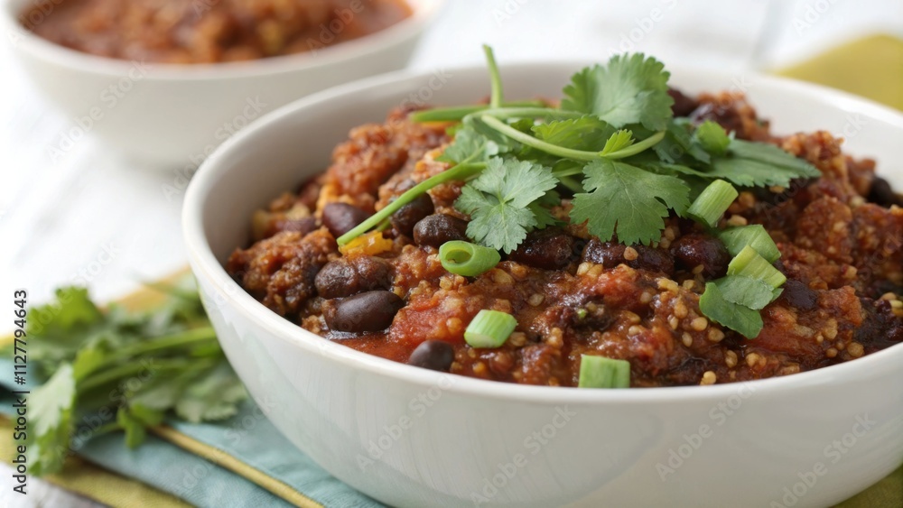 A closeup reveals the savory goodness of chili where hearty black beans merge seamlessly with nutty quinoa forming a uniquely textured dish. The final touch of chopped A closeup reveals the savory goodness of chili where hearty black beans merge seamlessly with nutty quinoa forming a uniquely textured dish. The final touch of chopped