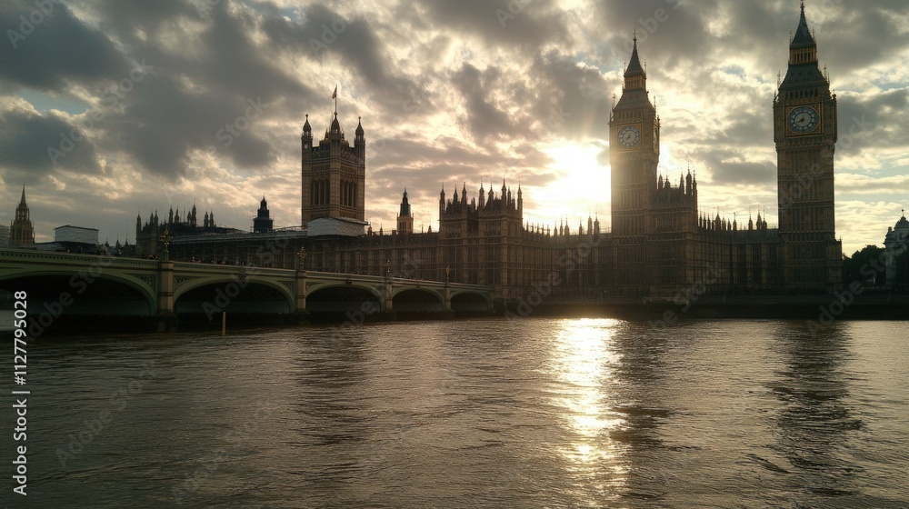 Naklejka premium Sunset over London, Big Ben, Houses of Parliament.