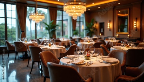 Fine dining restaurant with elegant tables, chairs. Exquisite cuisine, great service featured in luxurious travel concept. Spacious interior with large windows. Well-lit tables, windows offer