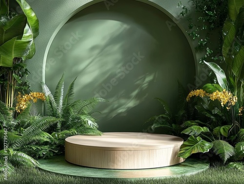 Minimalist Indoor Greenery Setting with Round Wood Table and Lush Plants photo