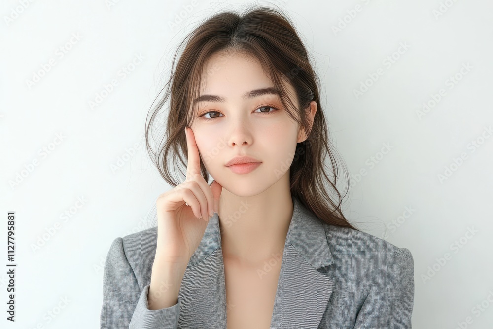 Woman in Gray Blazer Secret Gesture Minimalist Portrait Woman in Gray Blazer Secret Gesture Minimalist Portrait
