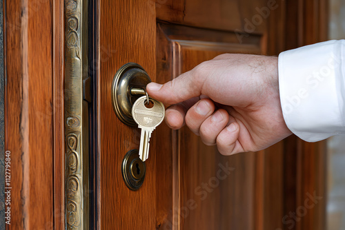 A hand inserting a key into a wooden door lock. photo