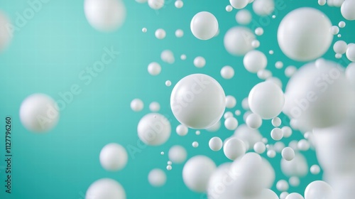 Abstract floating white spheres on a teal background