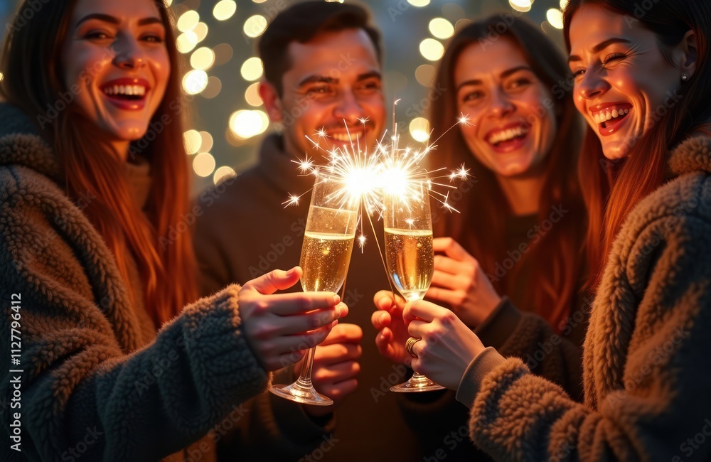 Friends celebrate new years eve by toasting with champagne and sparklers. Happy people enjoy festive lights. Evening gathering. Festive atmosphere. Joyful. Social event. Celebration. New years party. Friends celebrate new years eve by toasting with champagne and sparklers. Happy people enjoy festive lights. Evening gathering. Festive atmosphere. Joyful. Social event. Celebration. New years party.