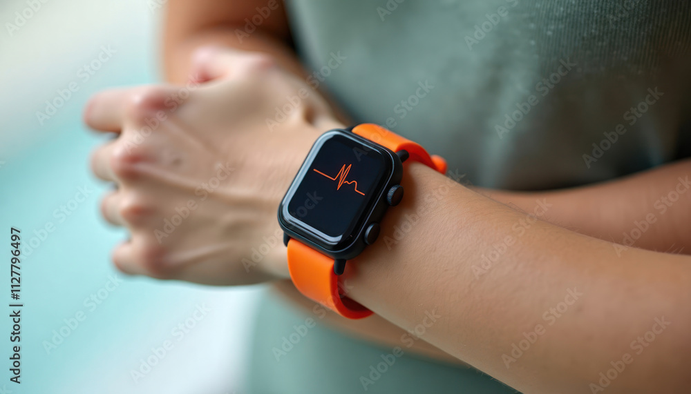 Fototapeta premium Person wears modern health tech wrist watch. Heart rate monitor on display. Person uses health tracker for daily wellness. Individual checks pulse. Health care important. Modern tech for wellness.