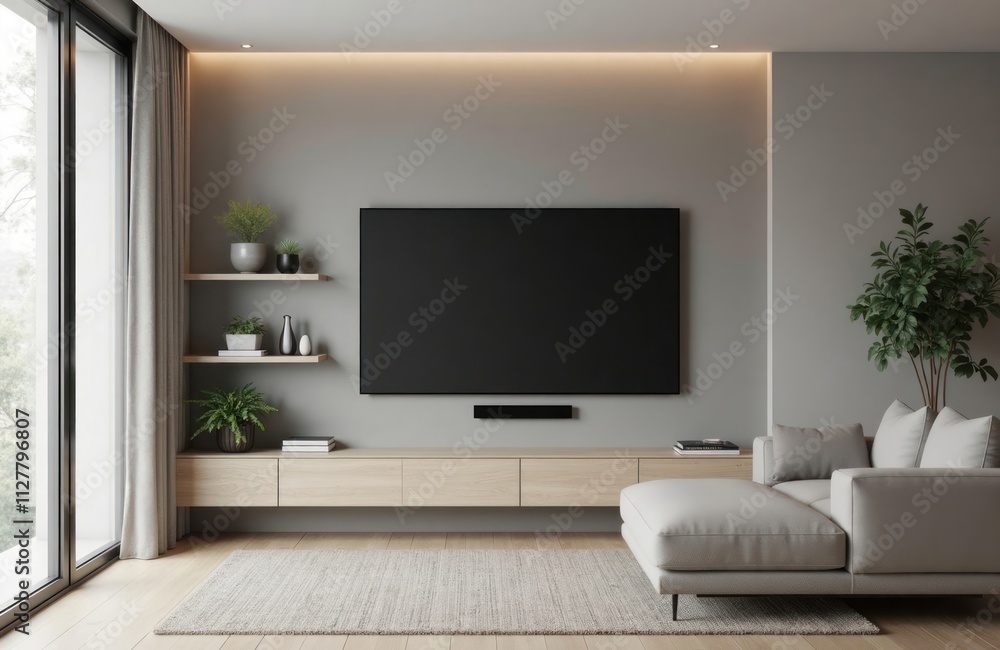 Modern living room large flat-screen TV mounted on wall. Light wooden built-in storage unit holds decor. Light colored sofa with chaise lounge style. Neutral color palette creates calm, comfortable Modern living room large flat-screen TV mounted on wall. Light wooden built-in storage unit holds decor. Light colored sofa with chaise lounge style. Neutral color palette creates calm, comfortable