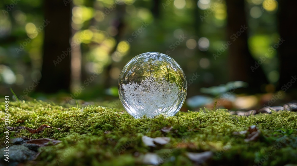 A transparent crystal globe placed on lush green moss in a forest, symbolizing global care for nature and the planet sustainable future. A transparent crystal globe placed on lush green moss in a forest, symbolizing global care for nature and the planet sustainable future.