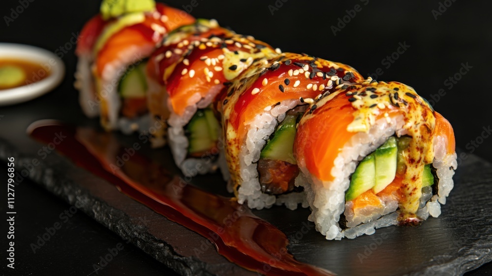 Colorful vegetarian sushi rolls filled with avocado, cucumber, and carrots, arranged neatly on a black slate plate with soy sauce and wasabi Colorful vegetarian sushi rolls filled with avocado, cucumber, and carrots, arranged neatly on a black slate plate with soy sauce and wasabi